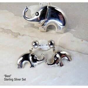 Vtg Best Signed  Elephant Brooch & Earrings Set Silver and Gold  Collectible